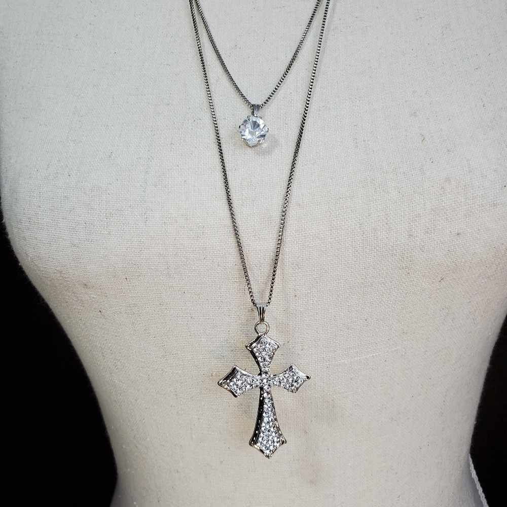 Silver plated layered cross necklace  2 strands 30" *